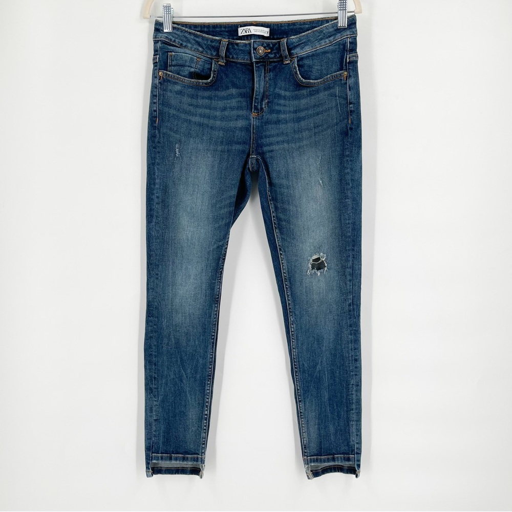 Zara Distressed Medium Wash Mid Rise Skinny Jeans Women’s Size 8